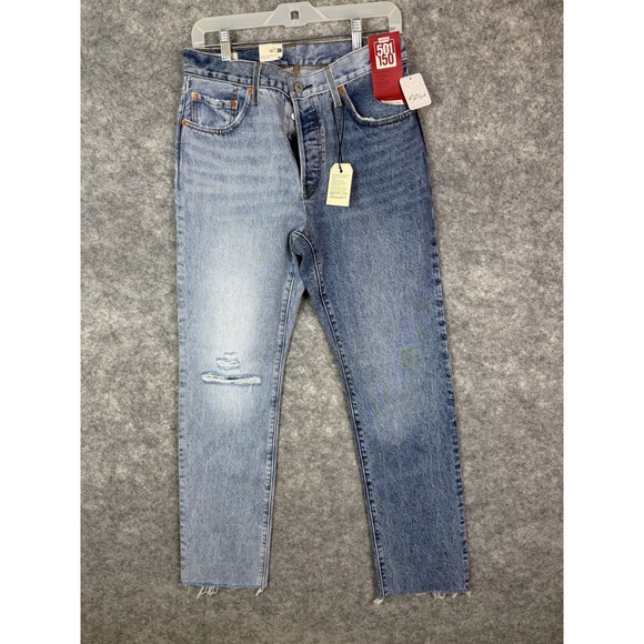Levi's Free People Jeans Womens 28 501 Straight High Rise Button Fly Frayed Blue